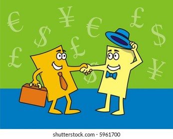 Vector drawing of cartoon business cards closing the deal
