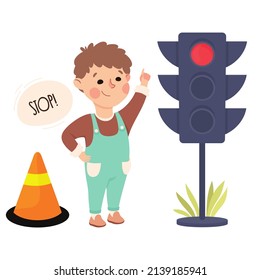 dibujo vectorial de niños con dibujos animados con semáforos y bloqueos de carreteras para educar a los niños sobre las normas de tráfico