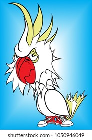 Vector drawing of a cartoon cockatoo with a bored look and red sneakers on a gradient background