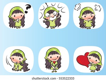 vector drawing cartoon cute girl set