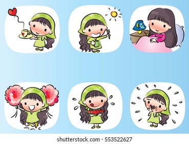 vector drawing cartoon cute girl set