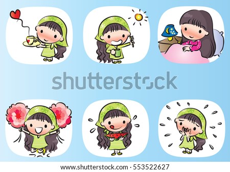 vector drawing cartoon cute girl set