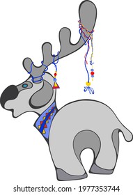 Vector drawing of a cartoon deer on a white background. Decoration with Sami ornaments.