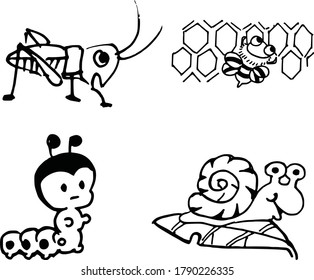 Ilustración de dibujos vectores con caracol y gusano y saltamontes y abeja