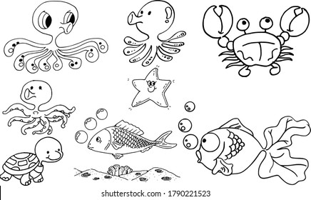 vector drawing cartoon octopus and crab and turtles and star fish and fish