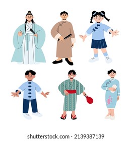 vector drawing of cartoon people in chinese traditional clothes