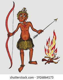 Vector drawing of cartoon savage man with bow and arrow standing by the bonfire
