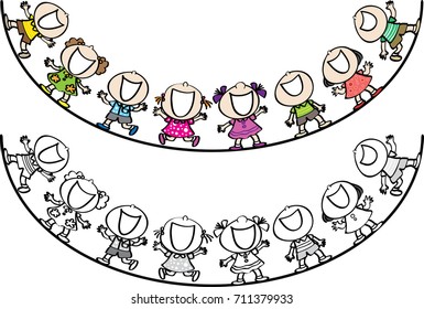 vector drawing cartoon school kids with line