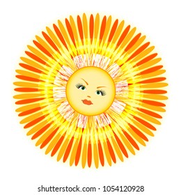 Vector drawing of a cartoon spring sunshine with a female face, bright, colorful, red yellow. Fairy-tale character.