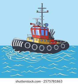 Vector drawing cartoon tugboat on ocean waves