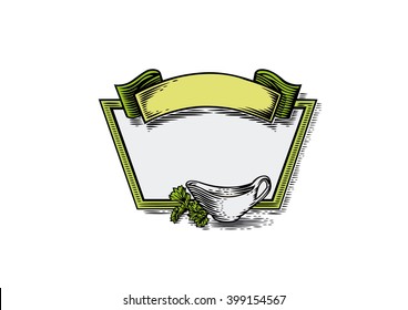 Vector drawing of cartouch with sauce boat and parsley