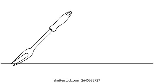 Vector drawing of a carving fork, continuous one line drawing, Serving Fork, Barbecue Fork Icon, Illustration of a two pronged fork with handle featuring three equally spaced circular openings design.