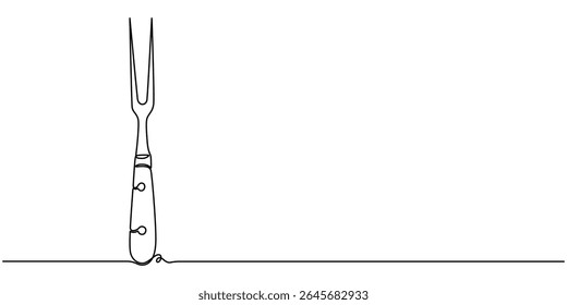Vector drawing of a carving fork, continuous one line drawing, Serving Fork, Barbecue Fork Icon, Illustration of a two pronged fork with handle featuring three equally spaced circular openings design.