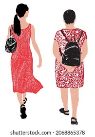 Vector drawing of casual city women in red dresses walking outdoors on summer day