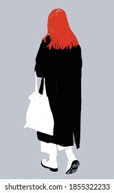 Vector drawing of casual redheaded modern city girl walking along street