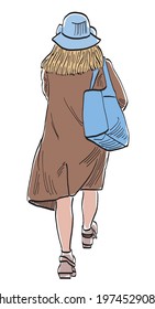 Vector drawing of casual young city woman in blue hat walking outdoor