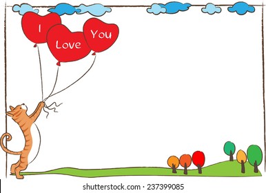 vector drawing cat and heart shape with blank border
