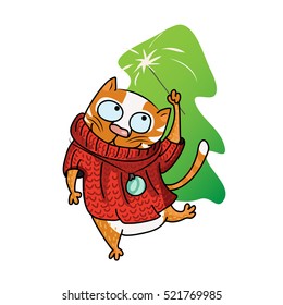 vector drawing of a cat in a sweater with a Sparkler