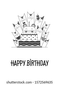 VECTOR DRAWING OF CATS WITH A BIG CAKE