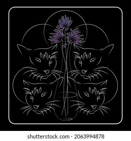 Vector drawing cats and flowers in a vase. For printing on fabric boomeg wallpaper.
