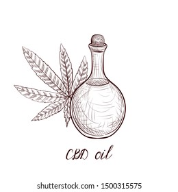 vector drawing CBD oil, bottle of hempseed oil and cannabis leaf,hand drawn illustration