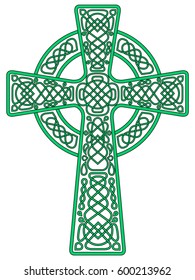 Vector Drawing Of A Celtic Cross, Green With A Black Stroke. Isolated Color Image On White Background. A Complex Pattern With Intricate Knots And Patterns.