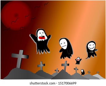 Vector drawing   A cemetery in the moonlight And there are 5 ghosts floating around there. Concept Halloween.