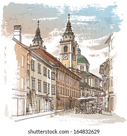 Vector drawing of central street of old european town, Ljubljana