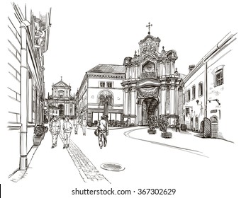Dibujo vectorial de la calle central de la antigua ciudad europea, Vilnius, Lituania