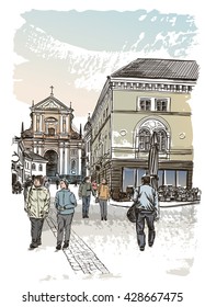 Vector drawing of central street of old european town. Gate of Dawn, Vilnius, Lithuania