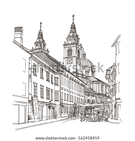 Vector drawing of central street of old European town, Ljubljana, Slovenia