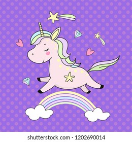 vector drawing character pink unicorn on a purple background