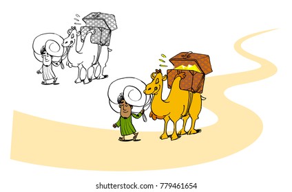 Vector drawing characters Arab leads camel with the chest on the back