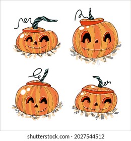 
Vector drawing of characters. Cute Halloween orange pumpkins with a smile.