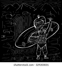 Vector drawing in charcoal sketchy style of whitewater paddler standing near the waterfall salutes you with shaka sign. Whitewater T-shirt print concept