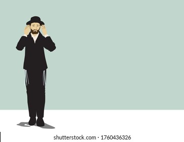 Vector drawing of a chassid. Religious orthodox Jew. Torah observant and commandments. Praying, crying, sighing, begging,
The figure is wearing a hat, and a black suit, with tassels on both sides.