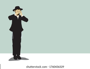 Vector drawing of a chassid. Religious orthodox Jew. Torah observant and commandments. Praying, crying, sighing, begging,
The figure is wearing a hat, and a black suit, with tassels on both sides.