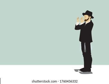 Vector drawing of a chassid. Religious orthodox Jew. Torah observant and commandments. Praying, crying, sighing, begging,
The figure is wearing a hat, and a black suit, with tassels on both sides.