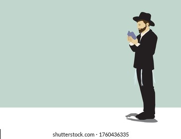 Vector drawing of a chassid. Religious orthodox Jew. Torah observant and commandments. Praying, crying, sighing, begging,
The figure is wearing a hat, and a black suit, with tassels on both sides.