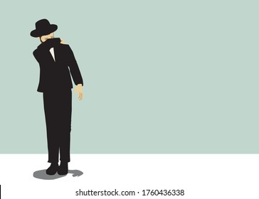 Vector drawing of a chassid. Religious orthodox Jew. Torah observant and commandments. Praying, crying, sighing, begging,
The figure is wearing a hat, and a black suit, with tassels on both sides.