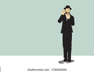 Vector drawing of a chassid. Religious orthodox Jew. Torah observant and commandments. Praying, crying, sighing, begging,
The figure is wearing a hat, and a black suit, with tassels on both sides.