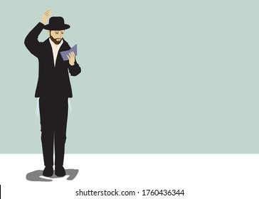 Vector drawing of a chassid. Religious orthodox Jew. Torah observant and commandments. Praying, crying, sighing, begging,
The figure is wearing a hat, and a black suit, with tassels on both sides.