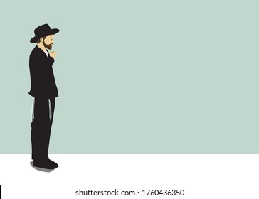 Vector drawing of a chassid. Religious orthodox Jew. Torah observant and commandments. Praying, crying, sighing, begging,
The figure is wearing a hat, and a black suit, with tassels on both sides.