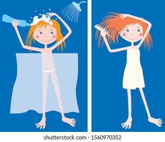 Vector drawing of a cheerful cartoon teen girl  taking a shower and combing hair after bathing