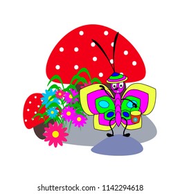 Vector drawing. Cheerful and pretty butterfly and mushroom. White background. Vector illustration for children.
