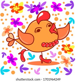 Vector drawing of a cheerful yellow bird surrounded by flowers, leaves on a white isolated background. Flat, cartoon, sticker, print on fabric