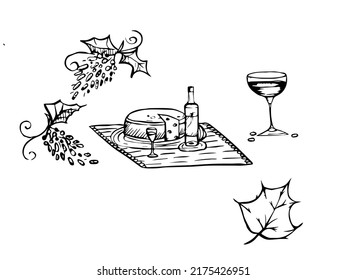 dibujo vectorial del queso y de la ilustración del vino para el diseño, libros, productos