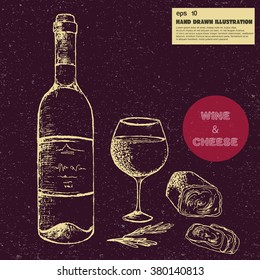 Vector drawing of cheese and wine. Vintage sketch of bottle of wine, glass, goat cheese and rosemary. Hand drawn illustration in dot art style
