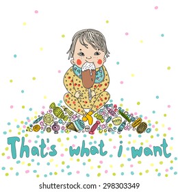 Vector drawing of a child eating ice cream and sitting on the sweets.