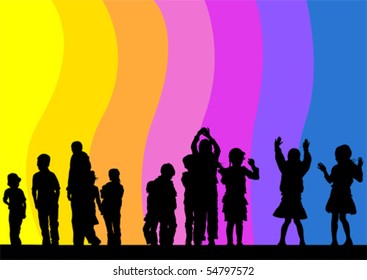Vector drawing child in rainbow. Silhouette of people